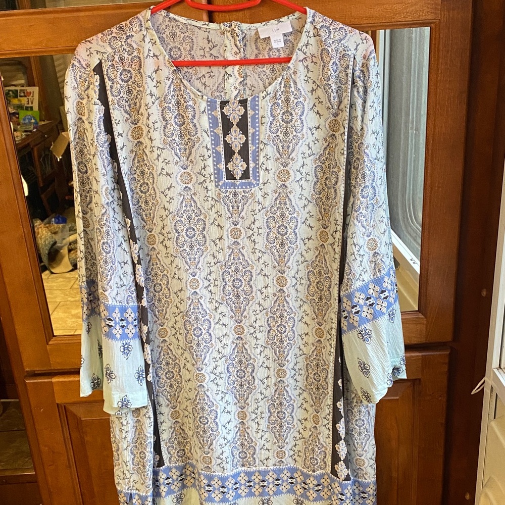 J. Jill Light Blue Whimsical Print Size Large Minidress Fairy Wedding Guest